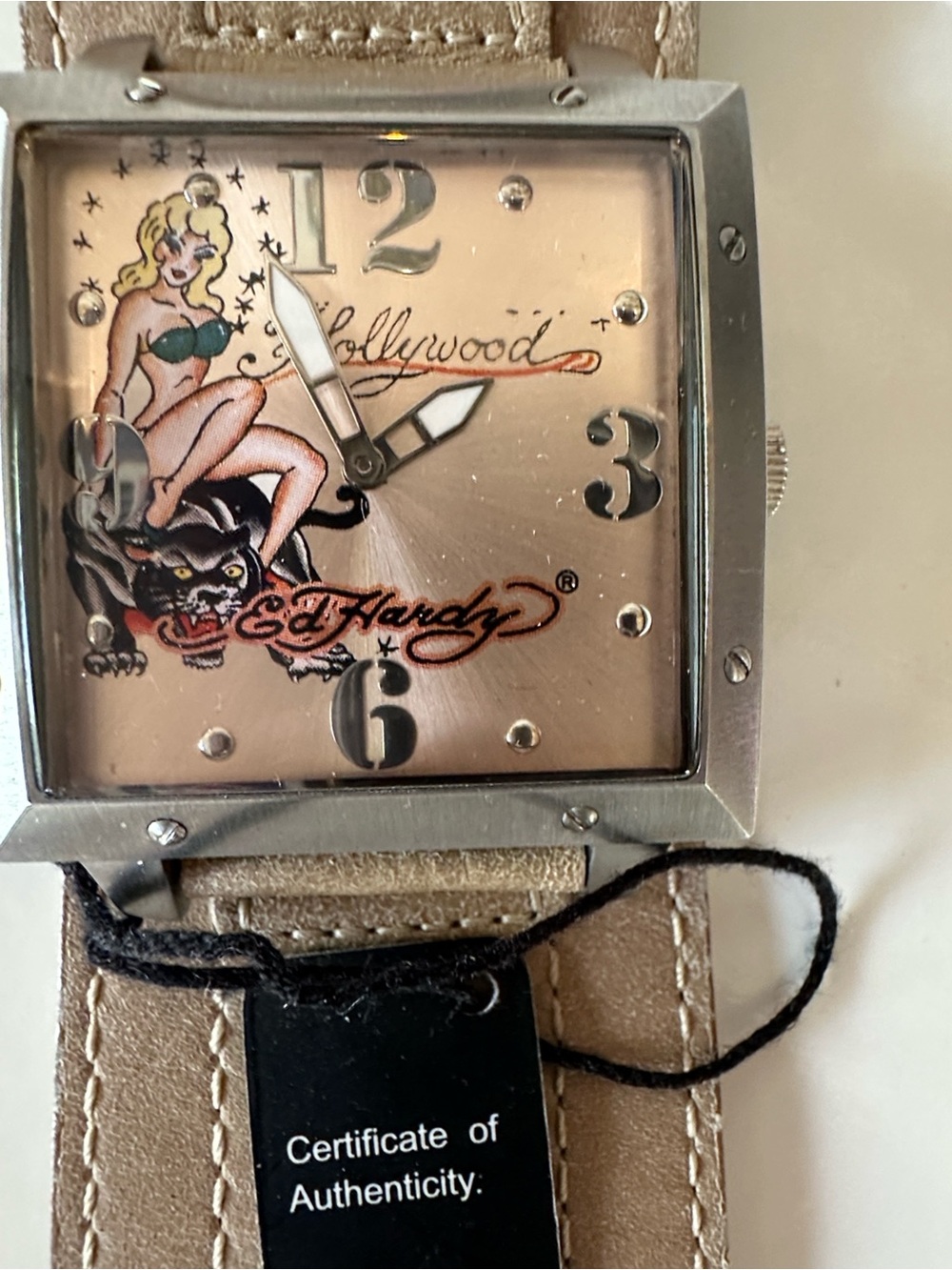 Ed Hardy Hollywood Men’s Watch w/ Box Y2K Square Cuff Leather Strap Rare